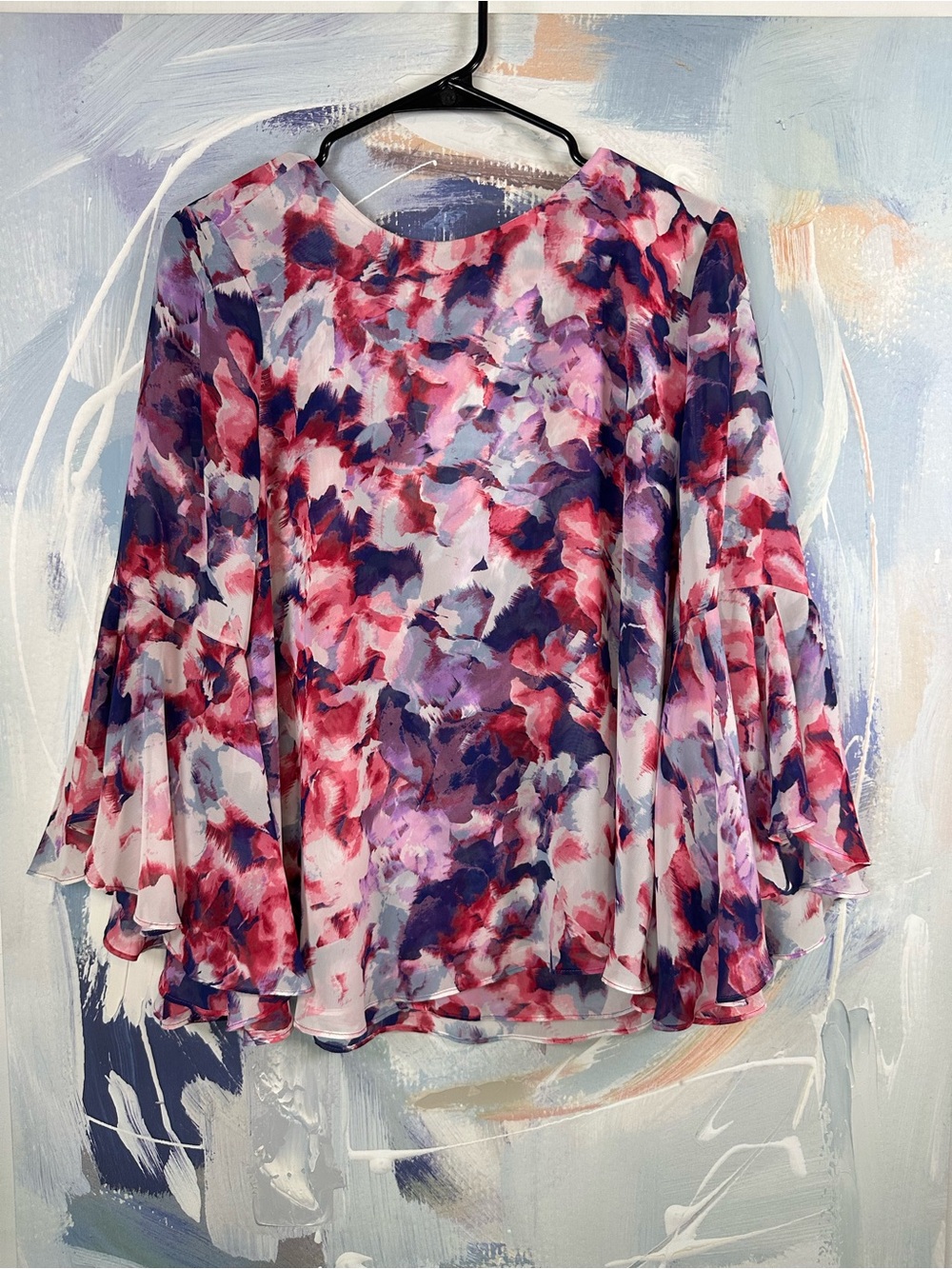 J.Lo by Jennifer Lopez Floral Ruffle Sleeve Blouse Pink Purple Boho Statement L